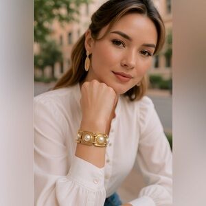 Vintage Park Lane link chain bracelet,large square gold tone/pearl,hinge clasp✨